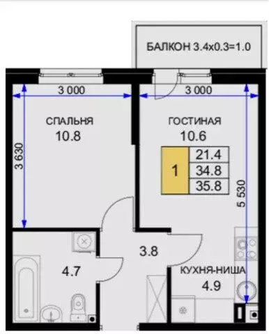 1-комнатная квартира: Краснодар, улица имени Героя Ростовского, 8к6 ... - Фото 0