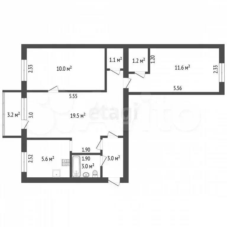 3-к. квартира, 55 м, 4/4 эт. - Фото 0