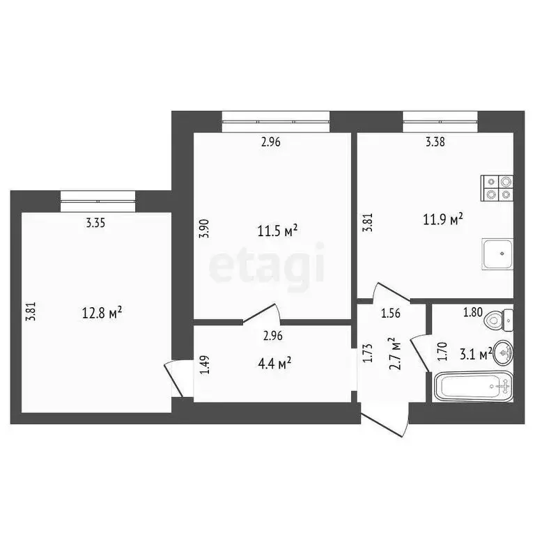 2-комнатная квартира: Тюмень, улица Пермякова, 7А (46.4 м) - Фото 0