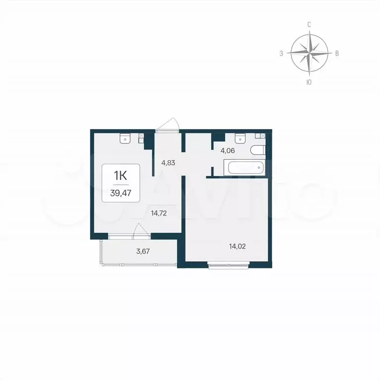 1-к. квартира, 39,5 м, 3/8 эт. - Фото 0