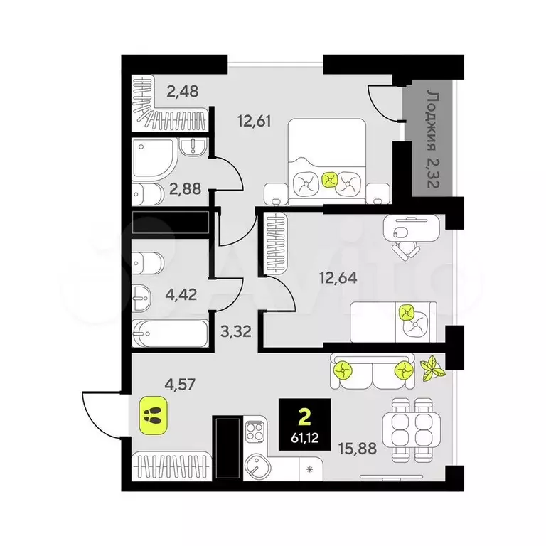 2-к. квартира, 61,1 м, 7/10 эт. - Фото 0