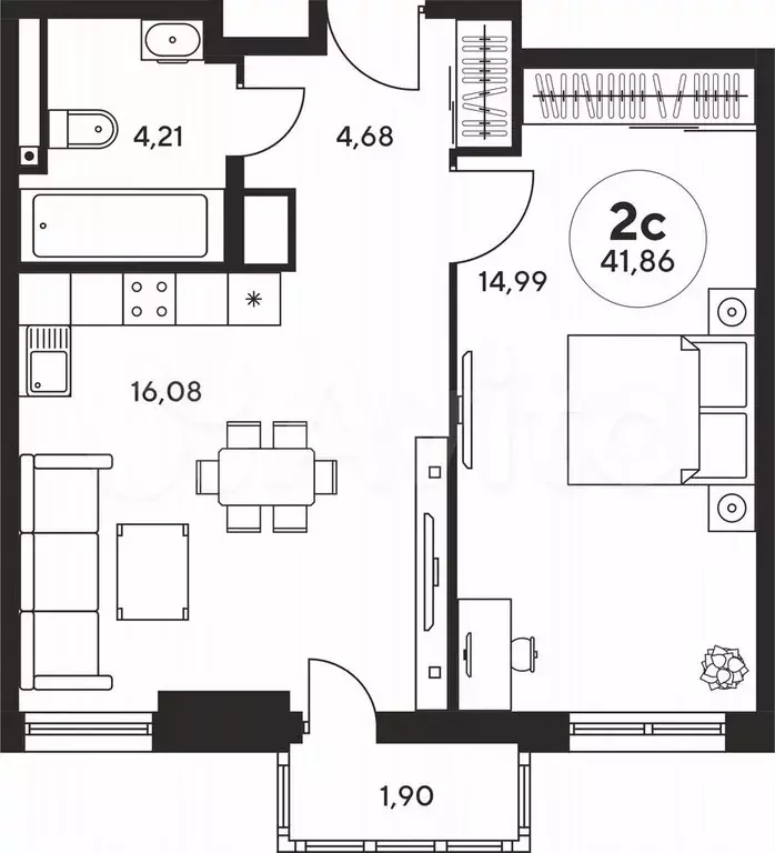 2-к. квартира, 41,9 м, 2/25 эт. - Фото 1
