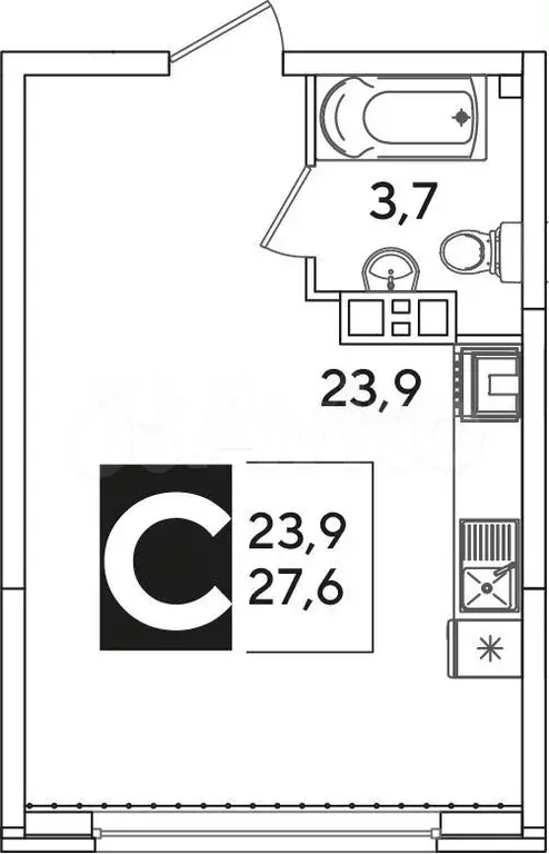 Квартира-студия, 27,6 м, 7/16 эт. - Фото 1