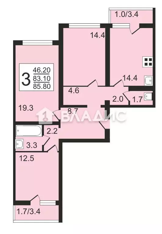 3-комнатная квартира: село Ямное, улица Генерала Черткова, 2 (85.8 м) - Фото 1