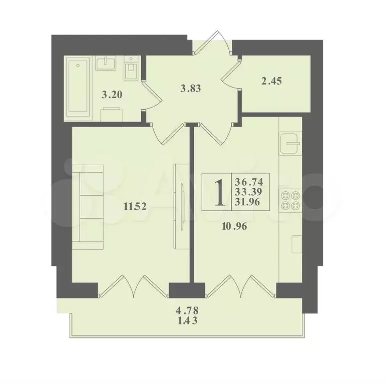 1-к. квартира, 36,7 м, 2/4 эт. - Фото 0