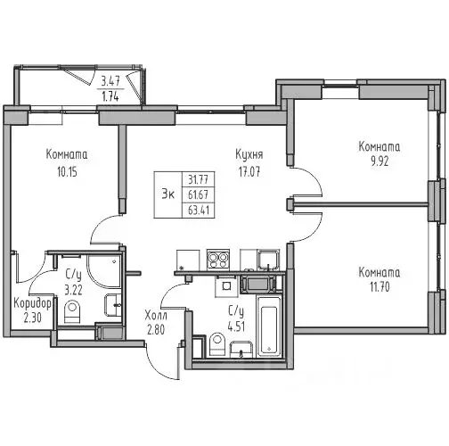 3-к кв. Санкт-Петербург ул. Ивинская, 1к4 (63.41 м) - Фото 1