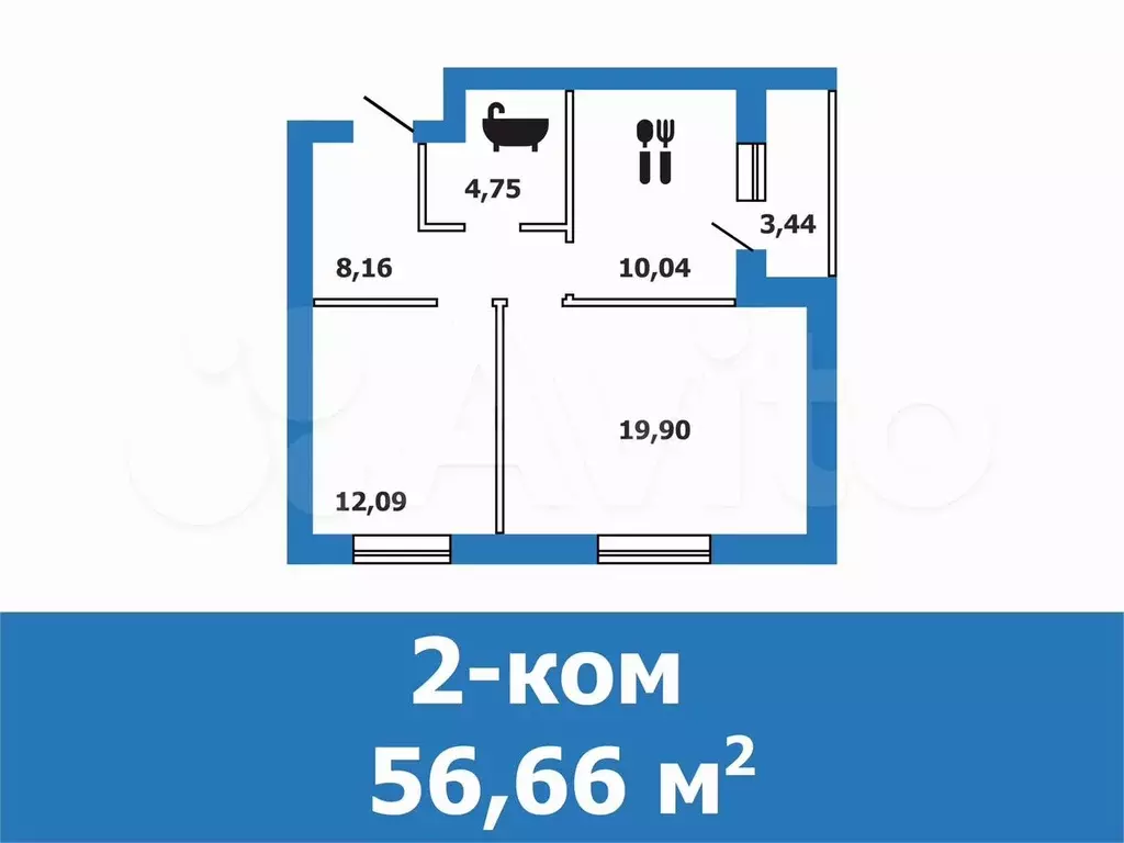 2-к. квартира, 56,7 м, 1/4 эт. - Фото 0