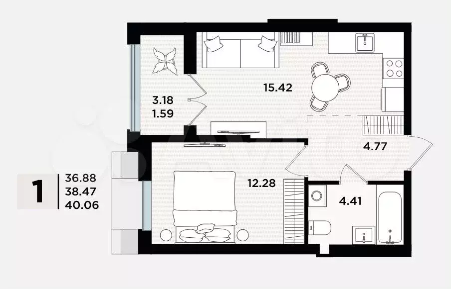 1-к. квартира, 38,5 м, 4/5 эт. - Фото 1