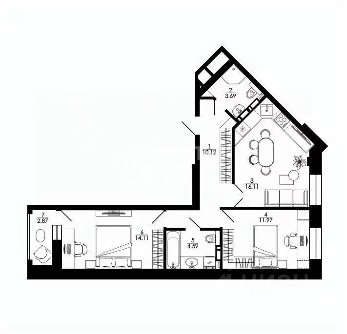 2-к кв. Липецкая область, Липецк ул. Е.И. Замятина, 1 (65.5 м) - Фото 2