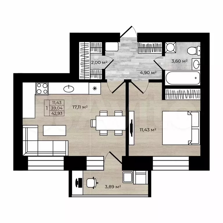 1-к. квартира, 42,9 м, 5/9 эт. - Фото 0