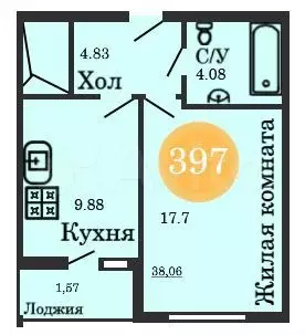 1-к. квартира, 38,1 м, 11/12 эт. - Фото 1