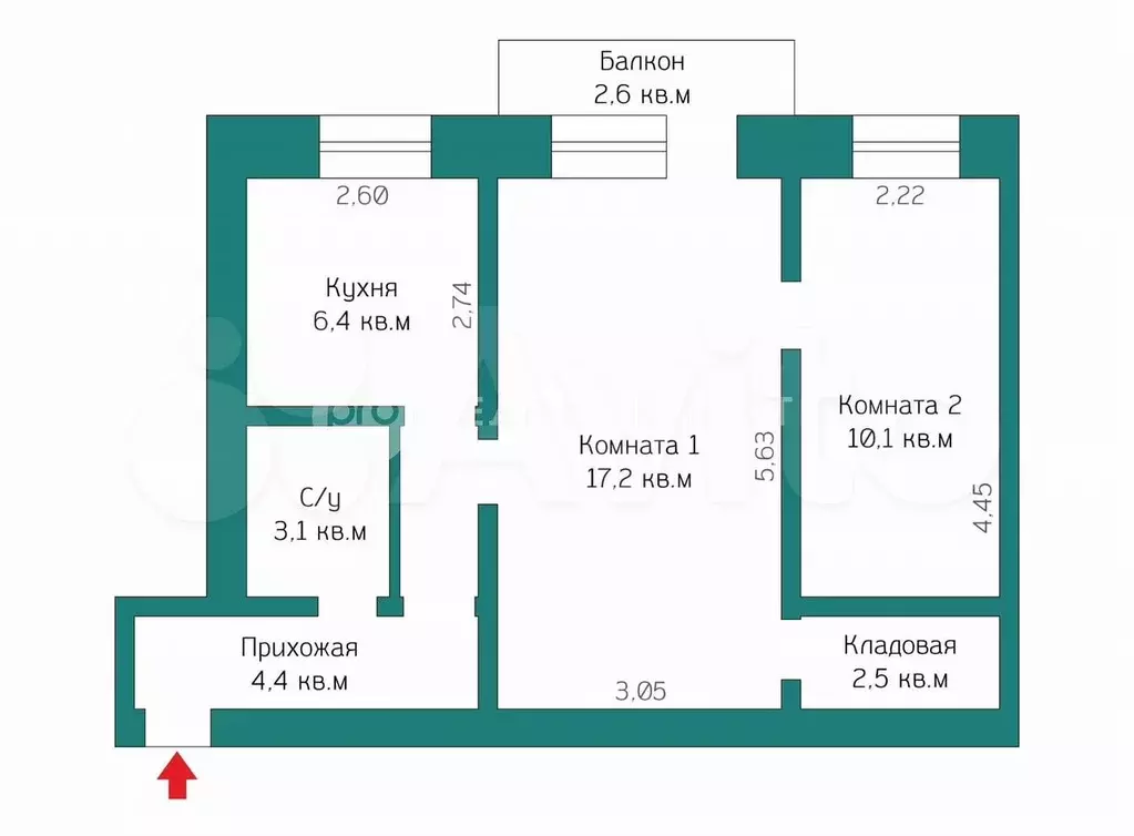 2-к. квартира, 45,4 м, 3/4 эт. - Фото 0