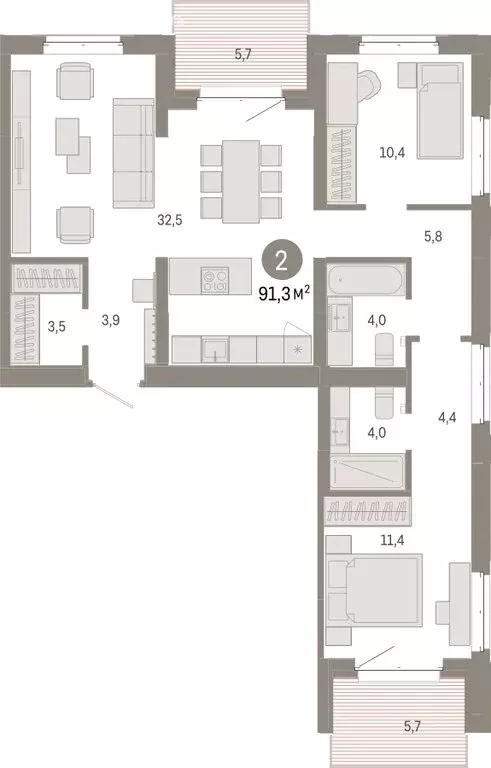 2-комнатная квартира: Тюмень, жилой комплекс На Минской (91.3 м) - Фото 1