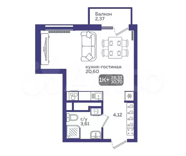 Квартира-студия, 28,3 м, 5/21 эт. - Фото 1