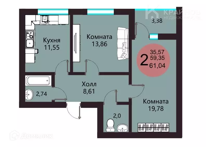 Продаётся 2-к квартира, 61.04 м - Фото 1