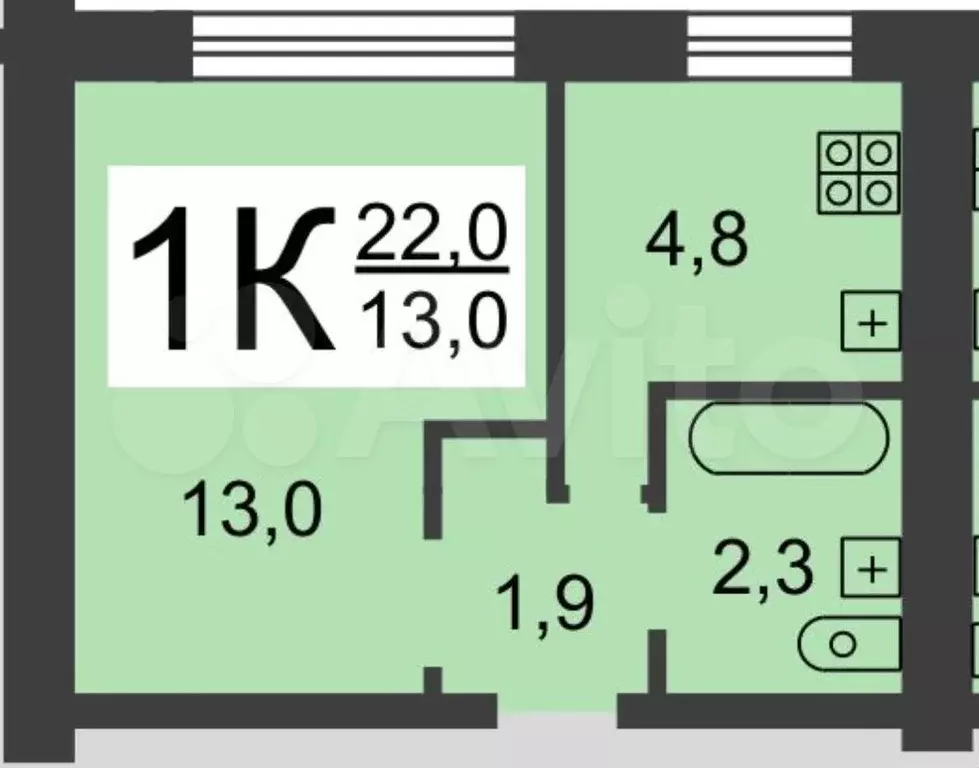 1-к. квартира, 22,4 м, 6/9 эт. - Фото 0
