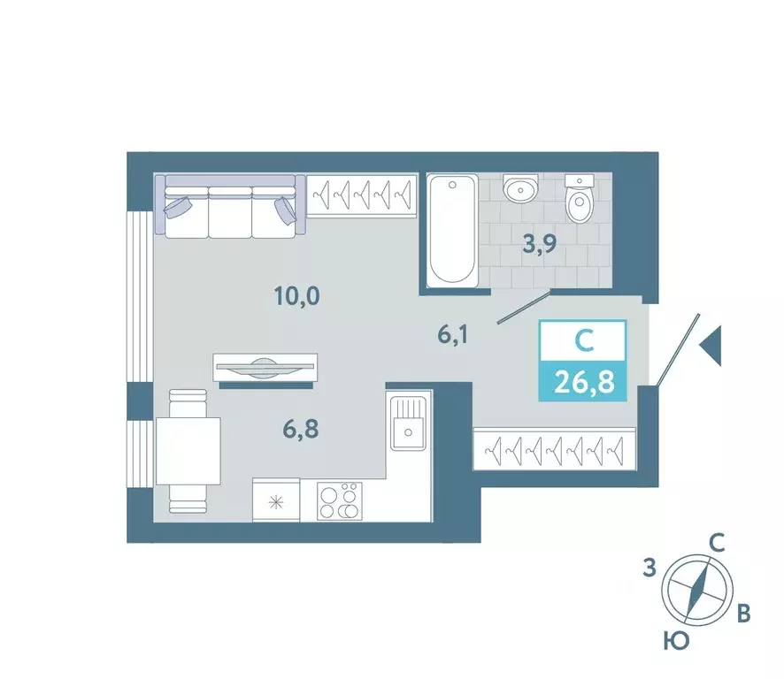 Студия Тюменская область, Тюмень Айрис жилой комплекс (26.8 м) - Фото 1