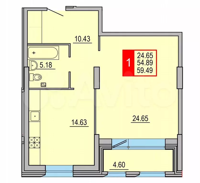 1-к. квартира, 59,5 м, 1/8 эт. - Фото 1