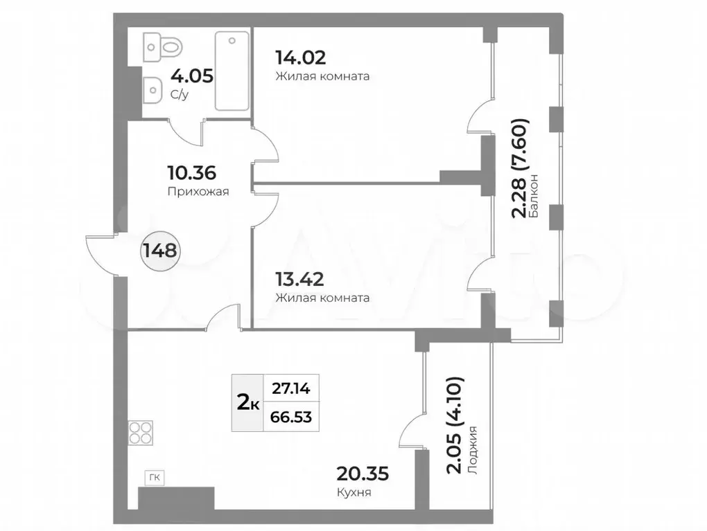 2-к. квартира, 66,5 м, 6/7 эт. - Фото 1