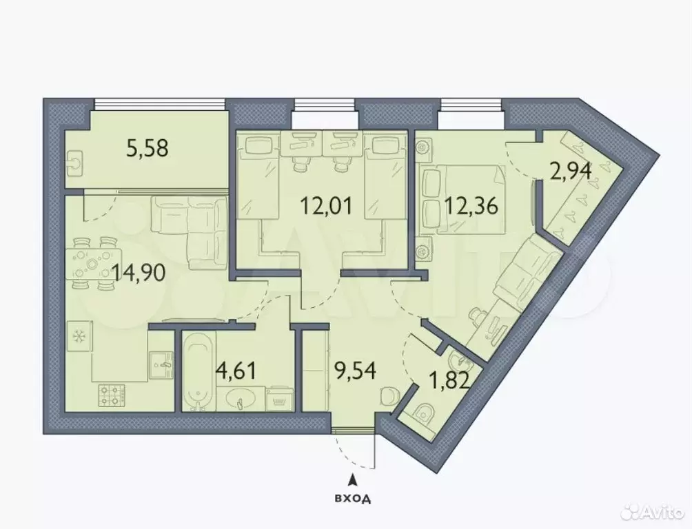 2-к. квартира, 63,8 м, 3/6 эт. - Фото 1