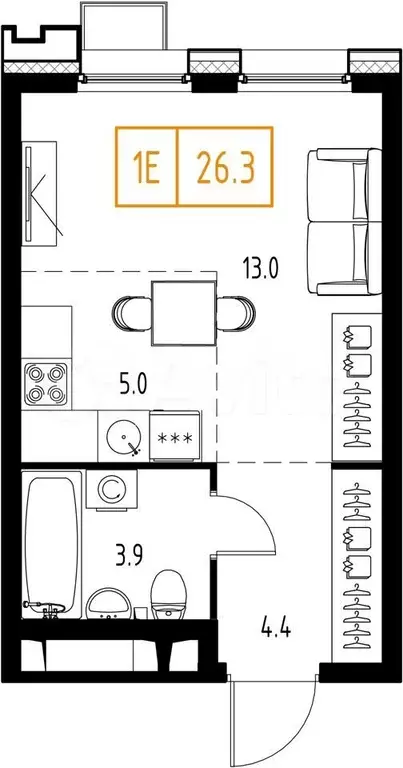 Квартира-студия, 26,3 м, 2/9 эт. - Фото 1