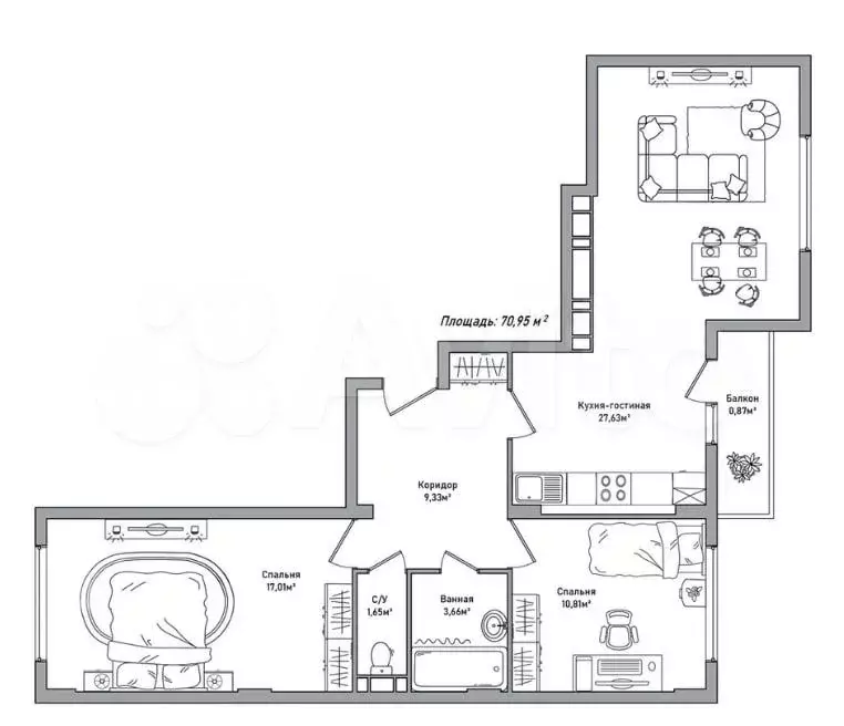 2-к. квартира, 71 м, 9/10 эт. - Фото 0