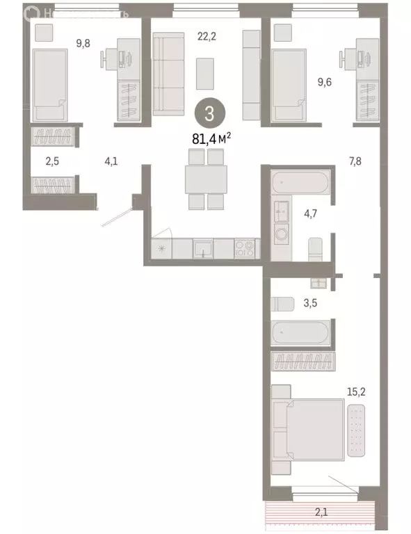 3-комнатная квартира: Новосибирск, Большевистская улица, с49 (81.44 м) - Фото 1