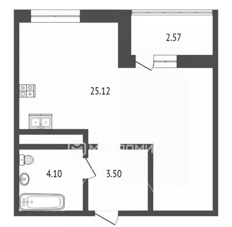 Студия Ханты-Мансийский АО, Сургут ул. Ивана Захарова, 5/1 (35.29 м) - Фото 2