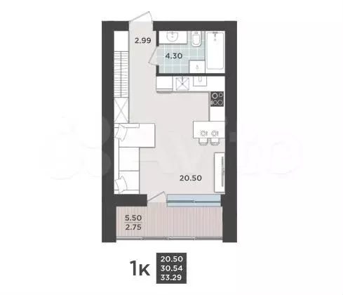 1-к. квартира, 33,3 м, 5/9 эт. - Фото 1