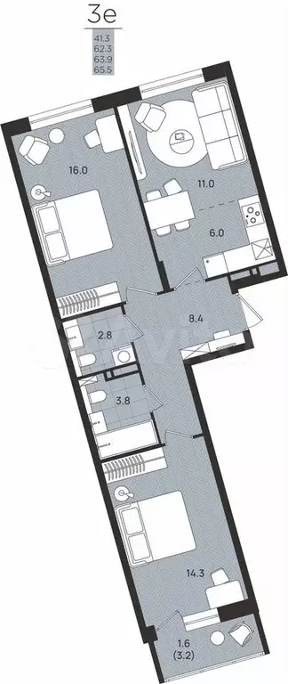 3-к. квартира, 63,9 м, 2/8 эт. - Фото 0