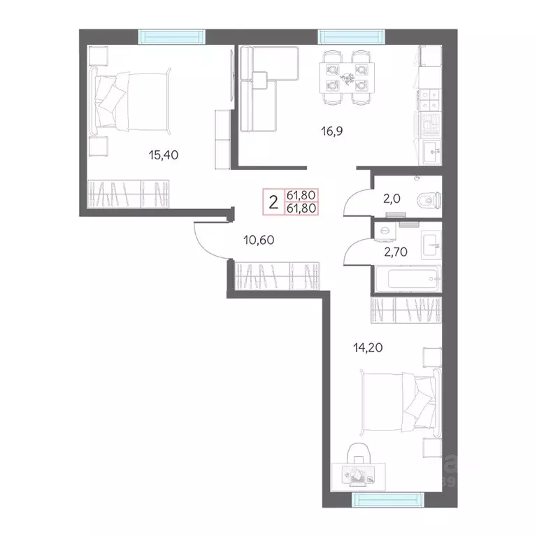 2-к кв. Тюменская область, Тобольск 7А мкр, 29 (61.8 м) - Фото 1