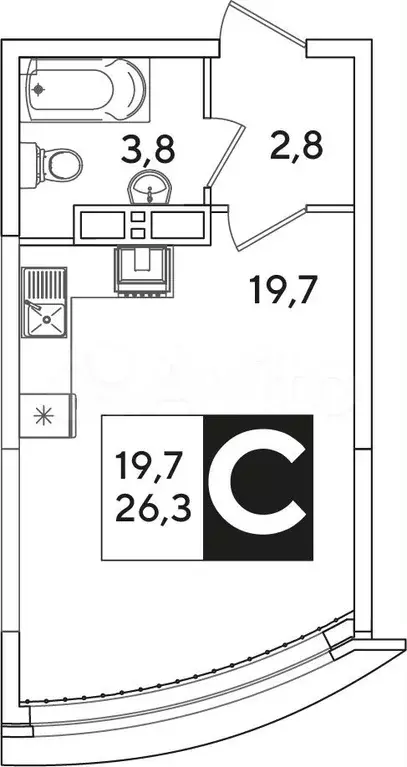 Квартира-студия, 26,3 м, 10/16 эт. - Фото 0