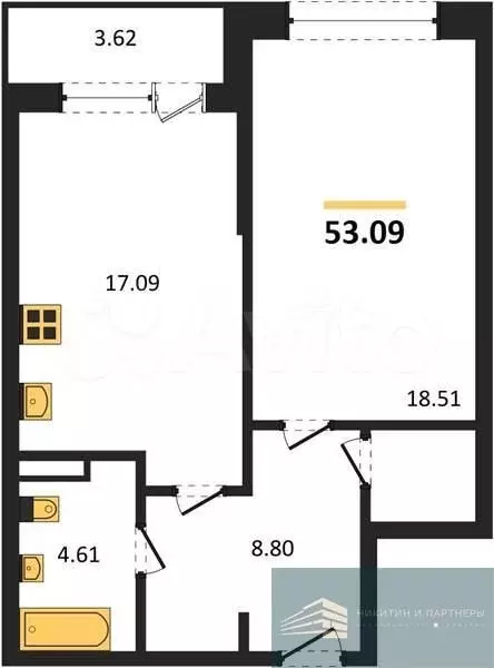 1-к. квартира, 53,1 м, 2/24 эт. - Фото 0