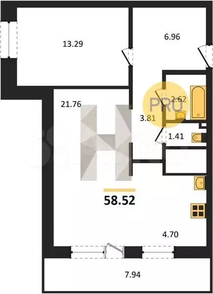 1-к. квартира, 58,5 м, 2/25 эт. - Фото 0