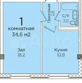 1-к. квартира, 34,6 м, 5/8 эт. - Фото 0