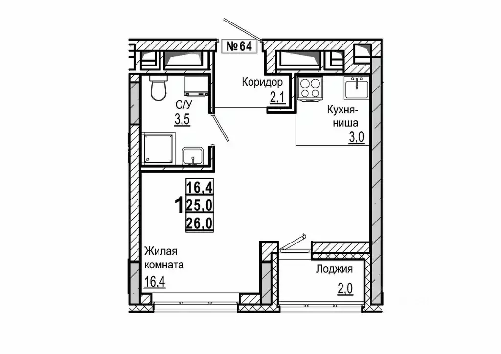Студия Нижегородская область, Дзержинск 56-й кв-л,  (26.0 м) - Фото 1