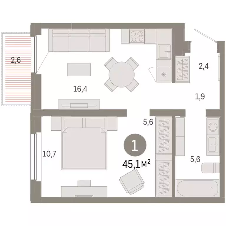 1-комнатная квартира: Тюмень, Мысовская улица, 26к2 (45.13 м) - Фото 1