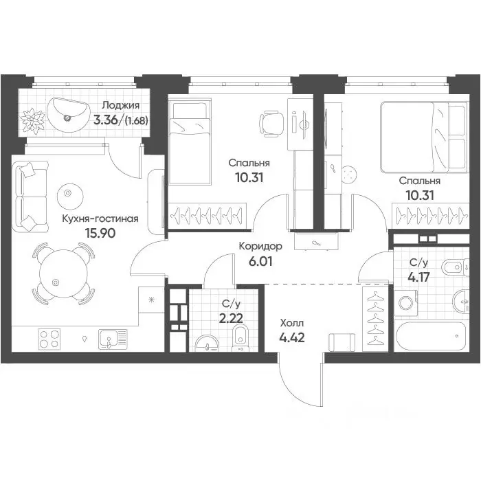 2-к кв. Свердловская область, Екатеринбург бул. Вдохновения, 4 (55.1 ... - Фото 1