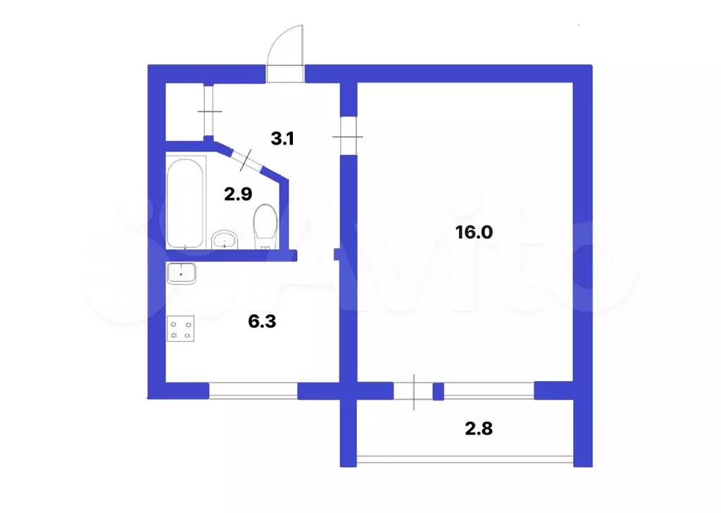 1-к. квартира, 28,3 м, 3/5 эт. - Фото 1