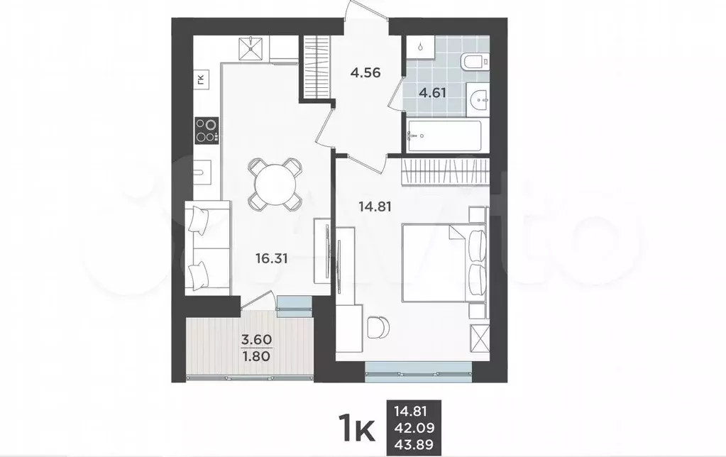 1-к. квартира, 42,1 м, 5/9 эт. - Фото 1