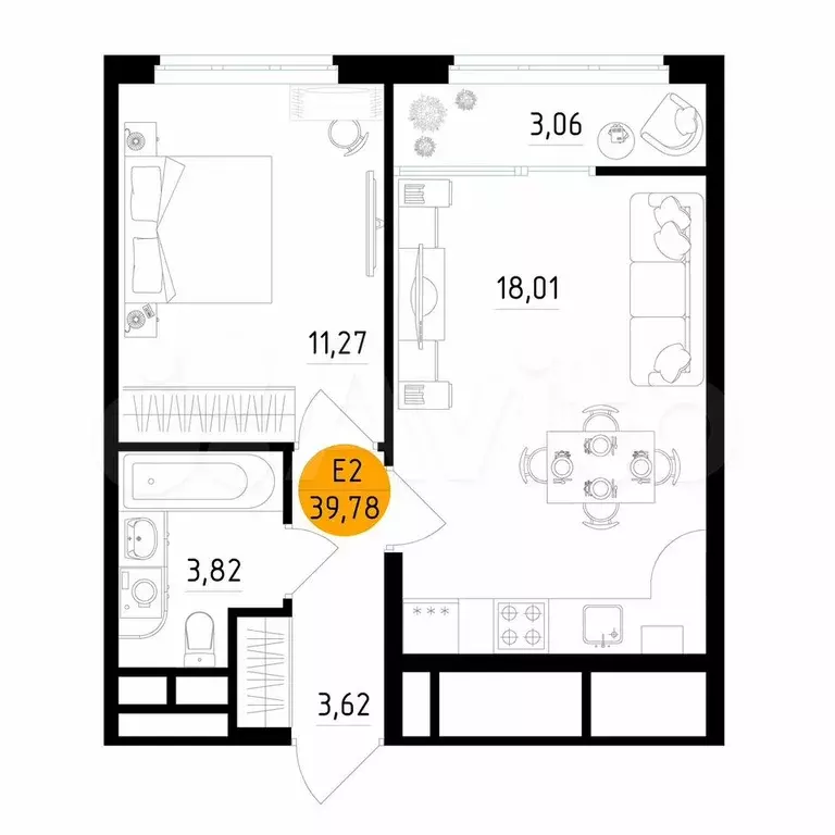 1-к. квартира, 39,8 м, 17/25 эт. - Фото 1