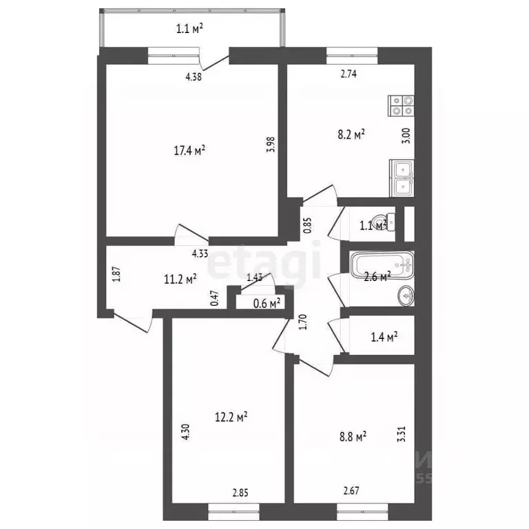 3-к кв. Кемеровская область, Анжеро-Судженск ул. Войкова, 3 (64.6 м) - Фото 2