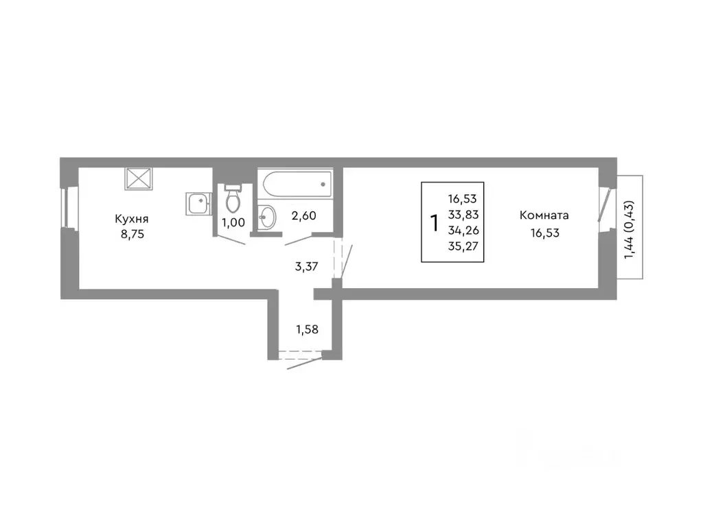 1-к кв. Челябинская область, Челябинск Нефтебазовая ул., 1-13 (34.26 ... - Фото 1