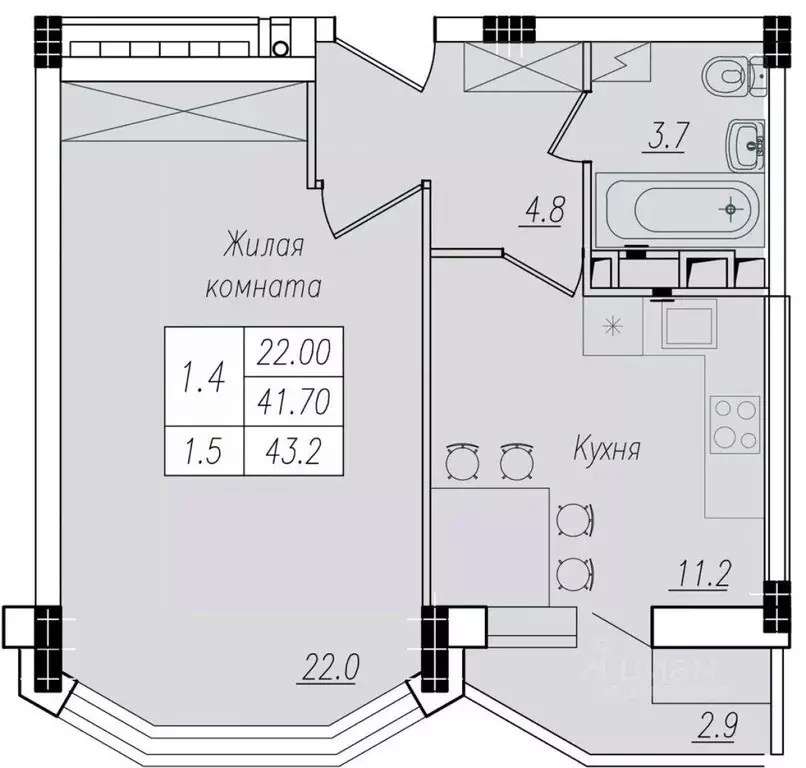 1-к кв. Курская область, Курск ул. Энгельса, 158к1 (43.2 м) - Фото 1