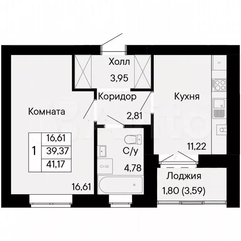 1-к. квартира, 41,2 м, 7/8 эт. - Фото 0