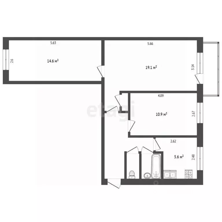 3-к кв. Челябинская область, Челябинск ул. Котина, 7 (61.2 м) - Фото 2