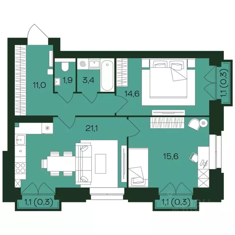 2-к кв. Чувашия, Чебоксары просп. Чебоксарский (68.6 м) - Фото 1