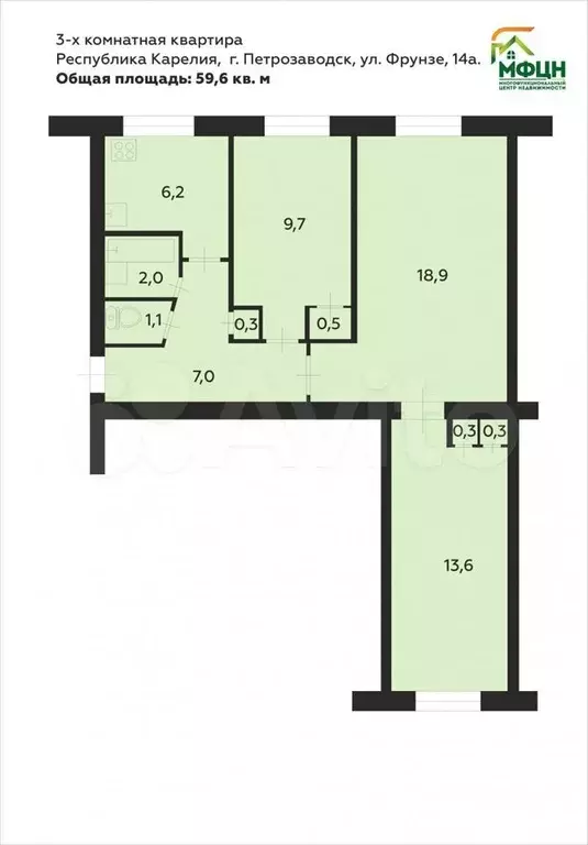 3-к. квартира, 59,6 м, 5/5 эт. - Фото 0