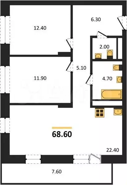 2-к. квартира, 68,6 м, 5/5 эт. - Фото 0