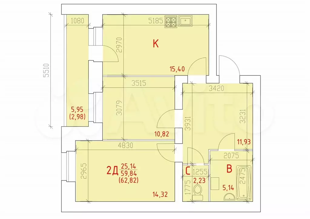 2-к. квартира, 62,8 м, 13/14 эт. - Фото 0